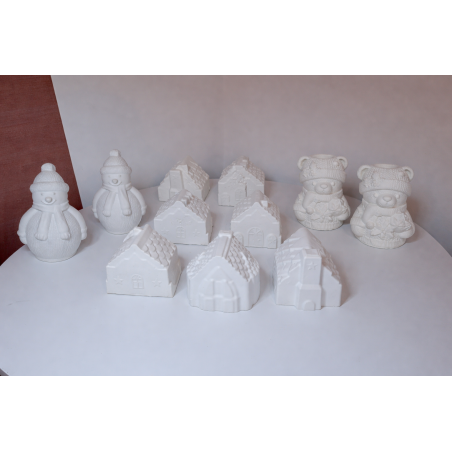 Set figurine mari din ipsos – Ursuleț, Om de Zăpadă și Căsuță | Pentru pictat, decor și activități creative de iarnă